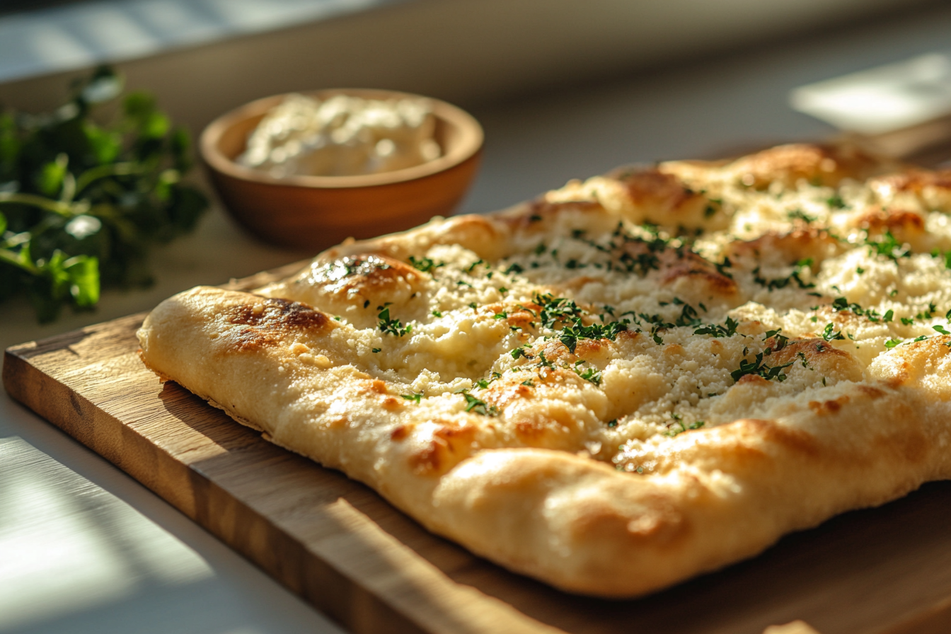 High-protein cottage cheese flatbread on a wooden board, a healthy low-carb alternative to traditional bread