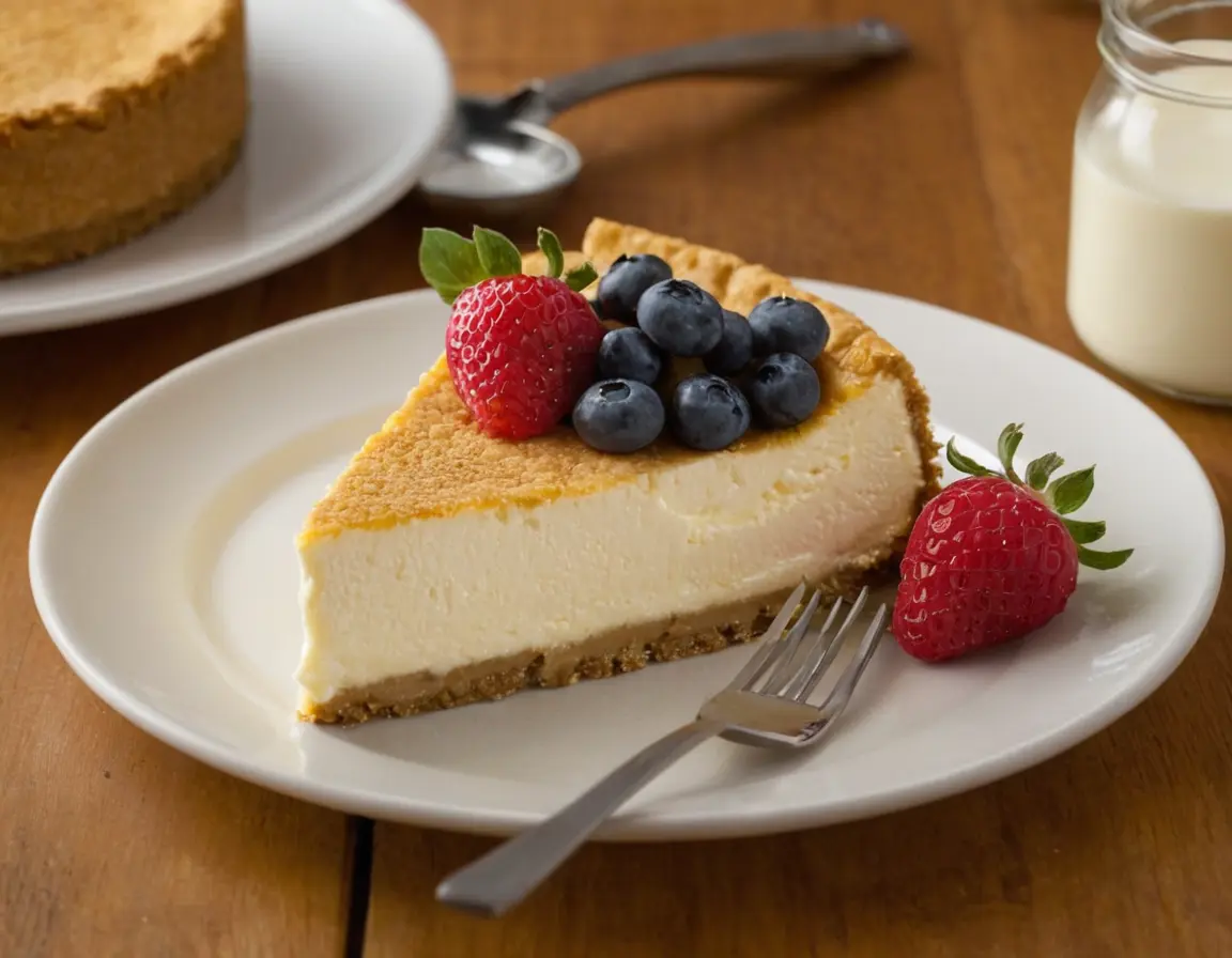 Close-up shot of a rich and creamy Philadelphia Cheesecake with a golden-brown graham cracker crust, topped with vanilla-infused cream cheese, on a wooden kitchen counter with baking tools and fresh ingredients nearby.