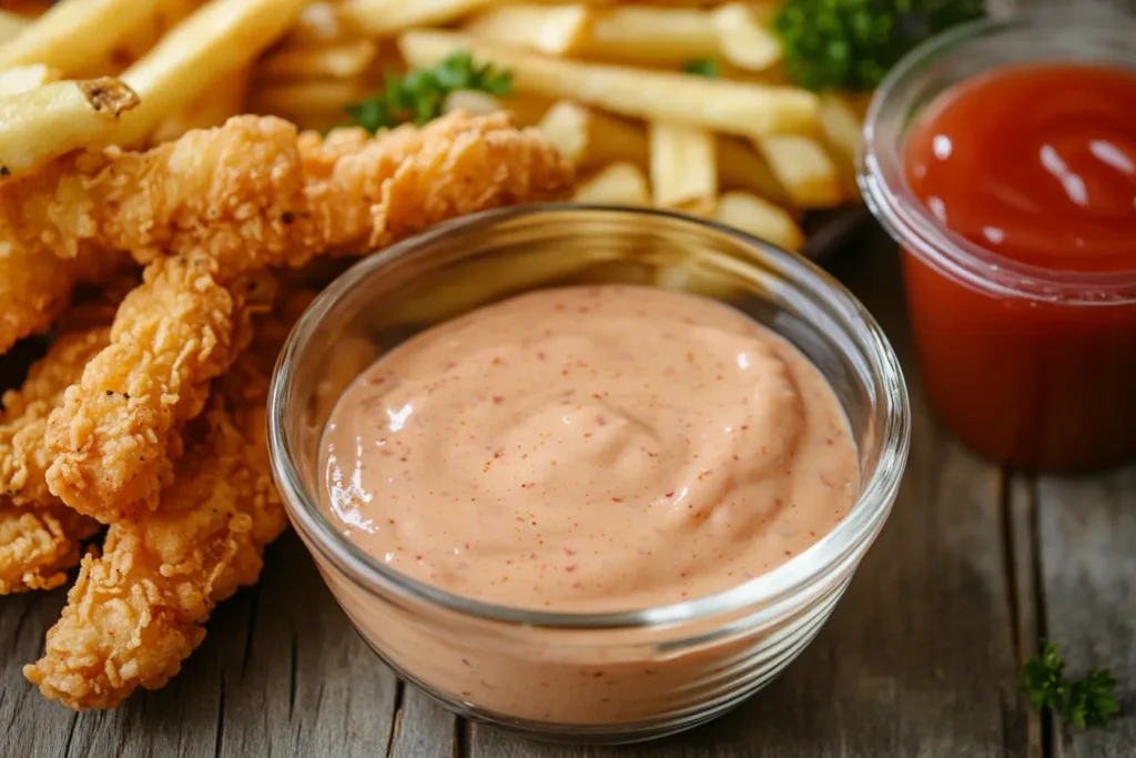 Close-up of homemade Cane’s sauce recipe in a small glass bowl, served with crispy chicken tenders and crinkle-cut fries on a rustic wooden table.