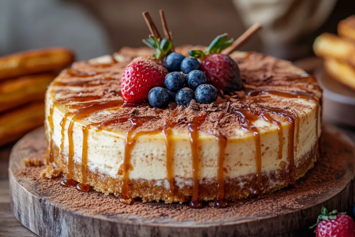 Golden churro cheesecake topped with cinnamon sugar and caramel drizzle, surrounded by fresh berries and whole churros on a rustic wooden table.