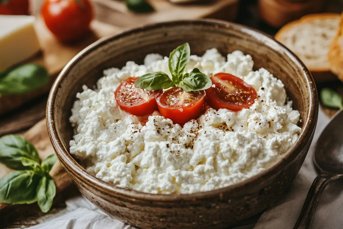 Close-up of a bowl of cottage cheese in a rustic kitchen with herbs, tomatoes, and bread.