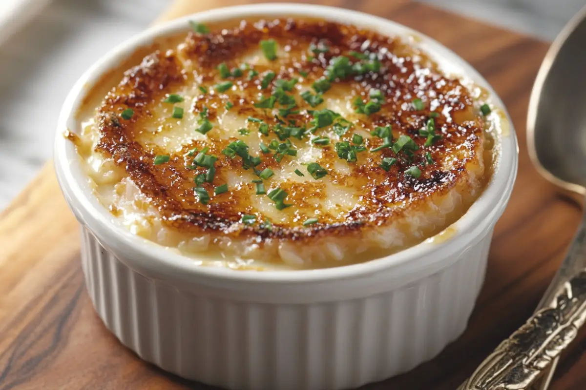 Crab Brulee served in a ramekin with a golden caramelized sugar crust, topped with herbs and lemon zest, displayed on a wooden board with a silver spoon.