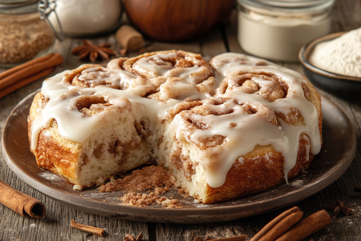 Freshly baked sourdough cinnamon rolls topped with creamy icing on a rustic table, surrounded by baking ingredients like flour, cinnamon sticks, and sourdough starter.