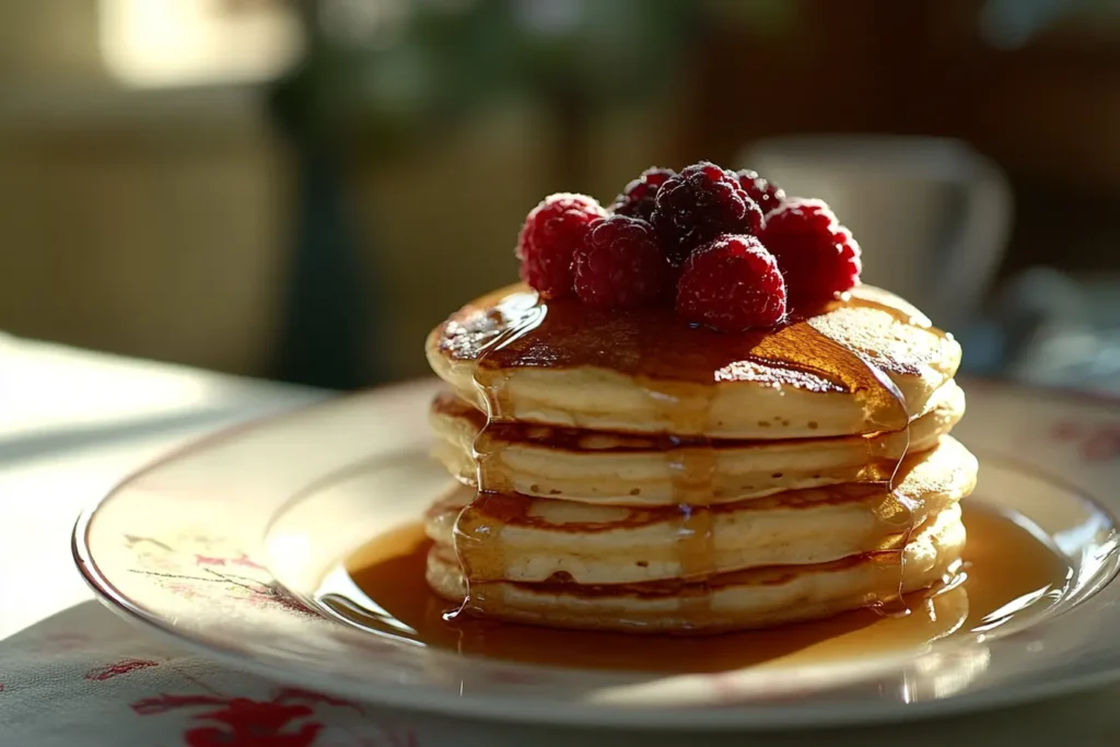 Here’s the SEO-friendly title, alt text, and description for the image generated: Image SEO Title: Close-up of Sourdough Discard Pancakes with Syrup and Berries Image Alt Text: Close-up view of fluffy sourdough discard pancakes stacked on a plate, drizzled with syrup, and topped with fresh berries.