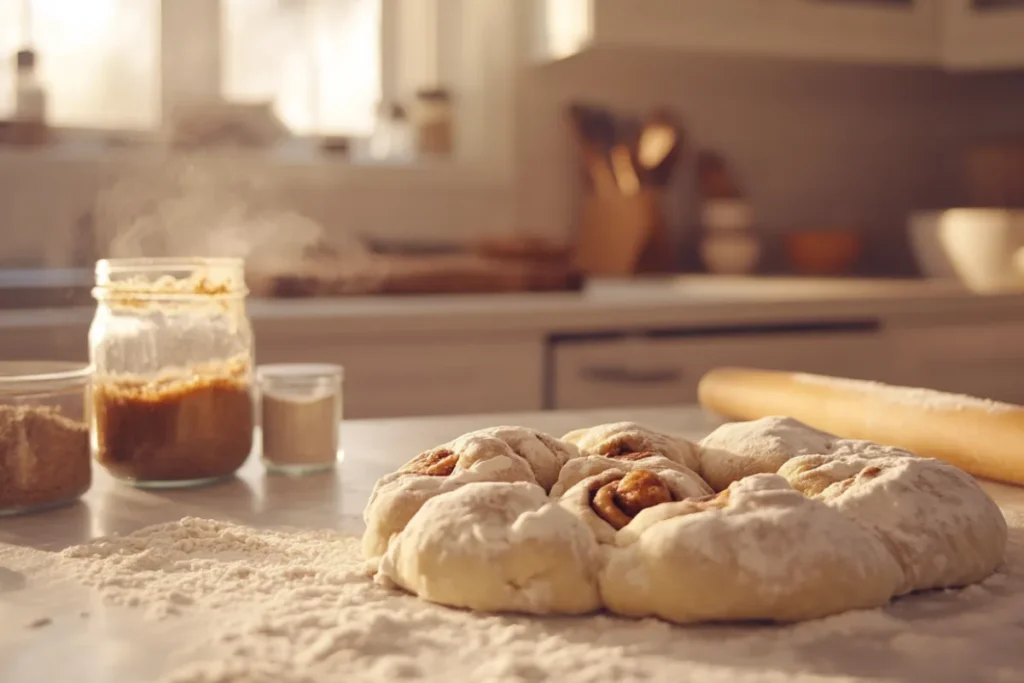 A batch of flat sourdough cinnamon rolls on a kitchen counter, illustrating dough that failed to rise. The rolls are surrounded by baking tools, including a bubbling sourdough starter in a jar and measuring cups with flour and cinnamon.