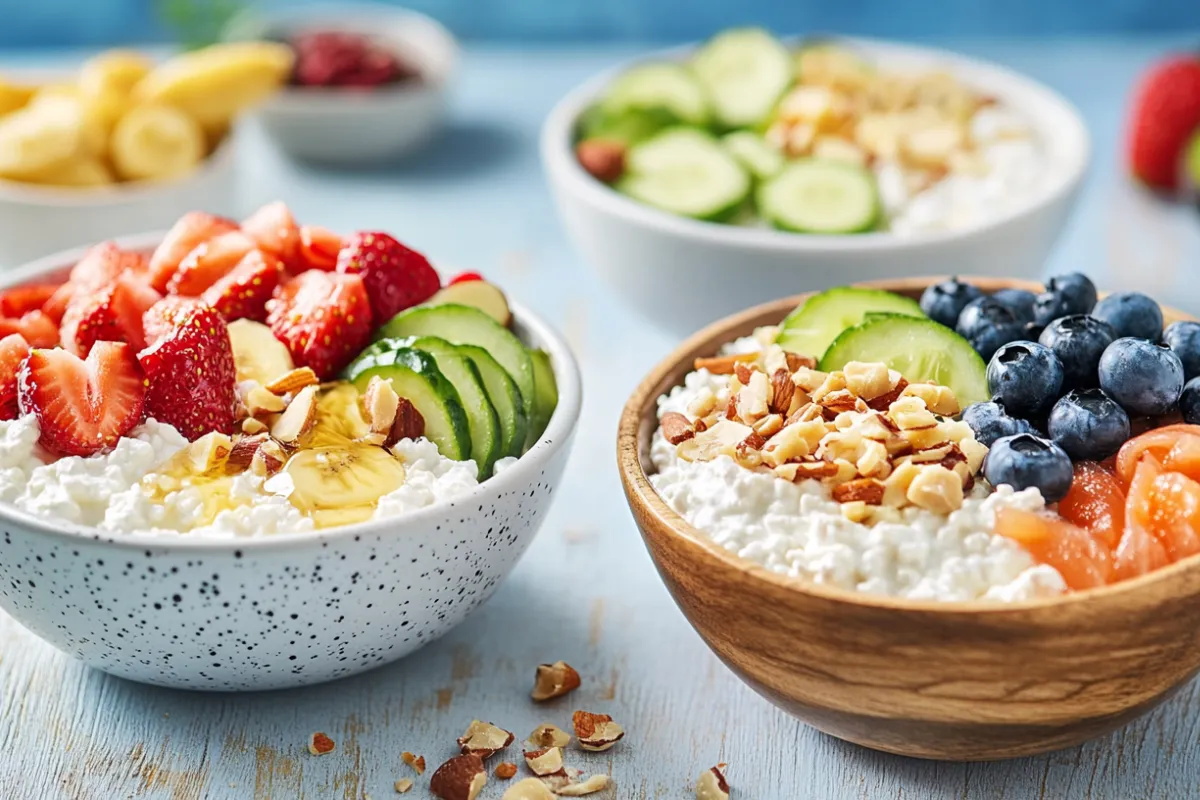 A vibrant spread featuring cottage cheese with sweet toppings like fruits and honey, and savory ingredients like cucumbers, tomatoes, and smoked salmon.