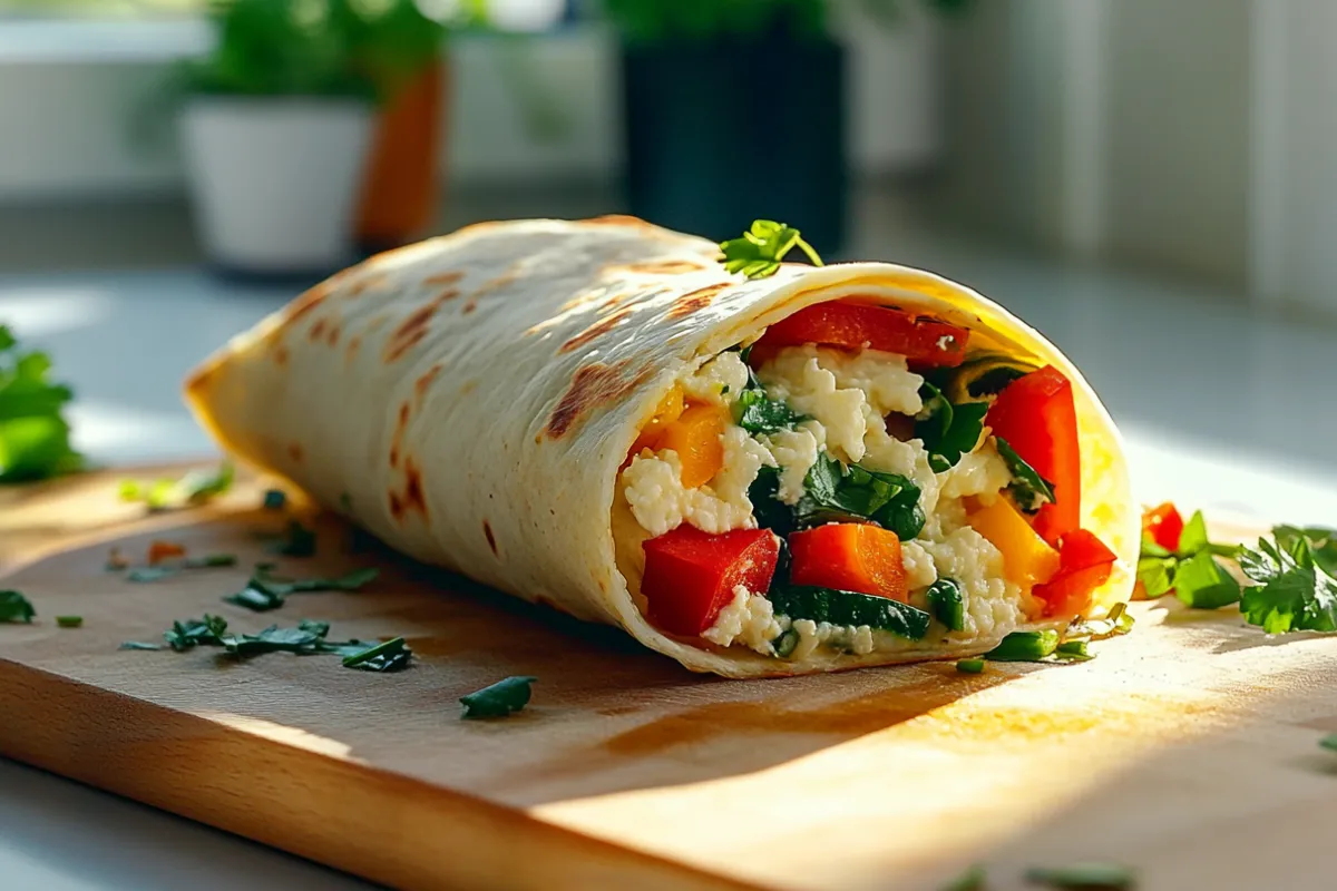 Close-up shot of a freshly made cottage cheese wrap filled with vegetables and herbs, placed on a wooden cutting board in a bright kitchen near windows.