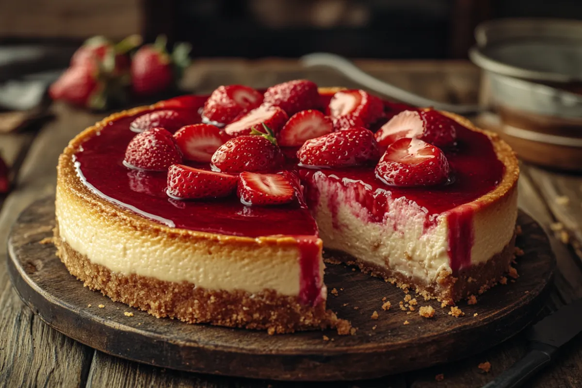 Perfect strawberry cheesecake with firm texture topped with fresh strawberries and strawberry sauce.