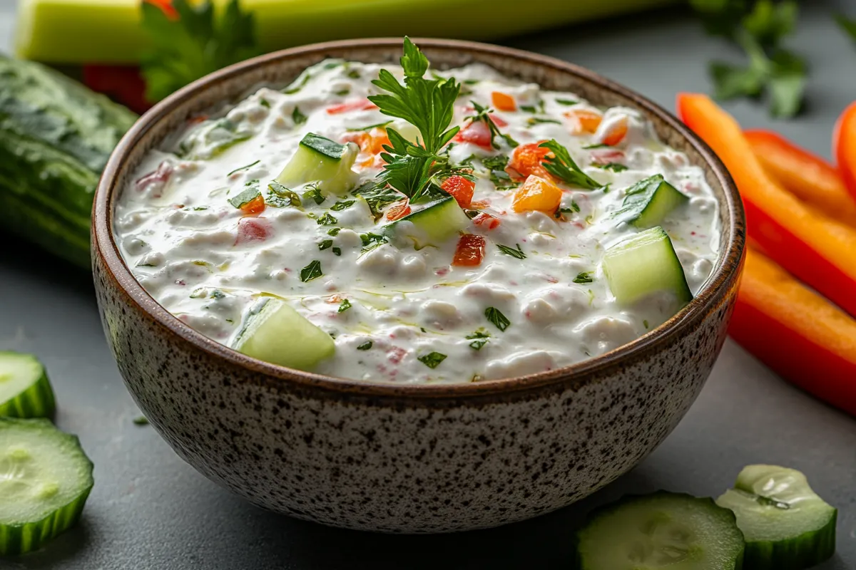 Close-up of creamy keto cottage cheese dip in a bowl with fresh low-carb vegetables like cucumbers, celery, and bell pepper slices.