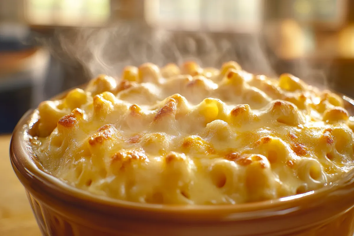 Close-up shot of creamy Paula Deen Crock Pot Mac and Cheese with golden-brown crust and melted cheese, captured in a kitchen near windows.