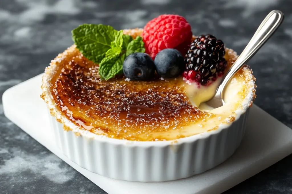 Luxurious crème brûlée with caramelized golden-brown sugar crust, garnished with fresh berries and mint, served in a white ramekin.