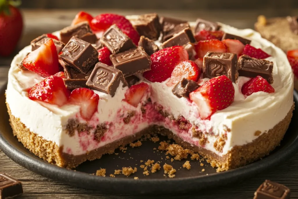 A close-up of a creamy Snickers strawberry cheesecake with fresh strawberries and Snickers chunks on a graham cracker crust.