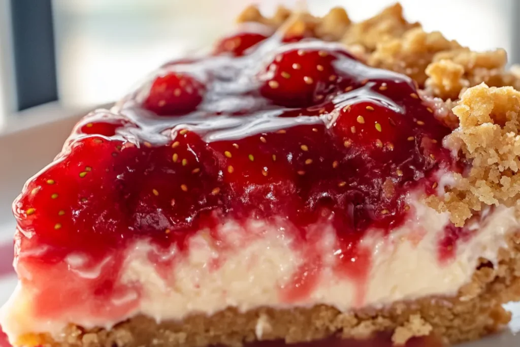 Close-up shot of a freshly baked Strawberry Cheesecake Dump Cake with a golden brown crumbly top, creamy cheesecake layer, and vibrant strawberry filling.