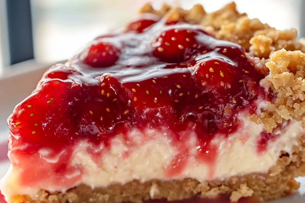 Close-up shot of a freshly baked Strawberry Cheesecake Dump Cake with a golden brown crumbly top, creamy cheesecake layer, and vibrant strawberry filling.