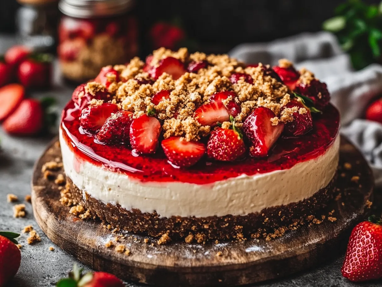 No-bake strawberry crunch cheesecake with creamy layers, crunchy golden Oreo crust, and a vibrant strawberry topping, served in slices and mason jars